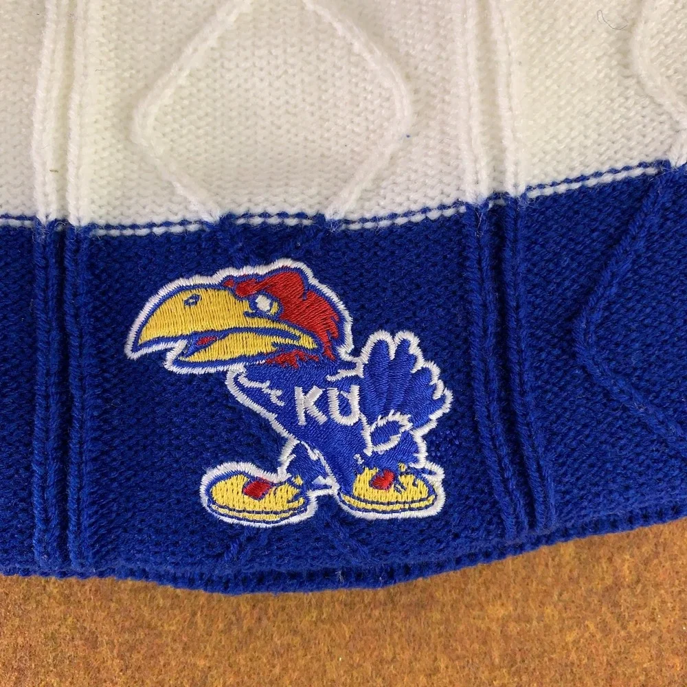 Kansas Jayhawks Adidas OSFA Blue Gray White Cable Knit Pom Beanie